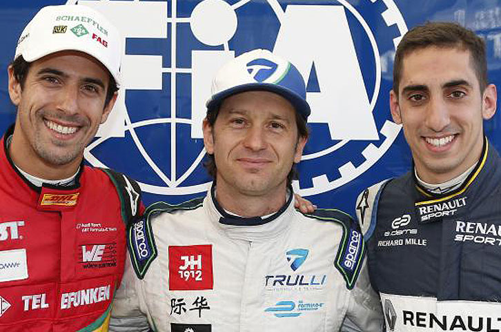 Die Gewinner des Qualifyings. Lucas di Grassi, Jarno Trulli und Sebastien Buemi