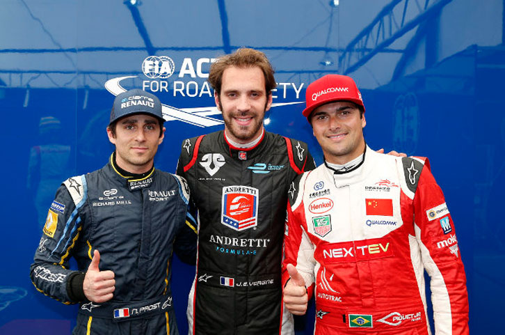 Jean-Eric Vergne, Nicolas Prost und Nelson Piquet jr. nach dem Qualifying in Miami