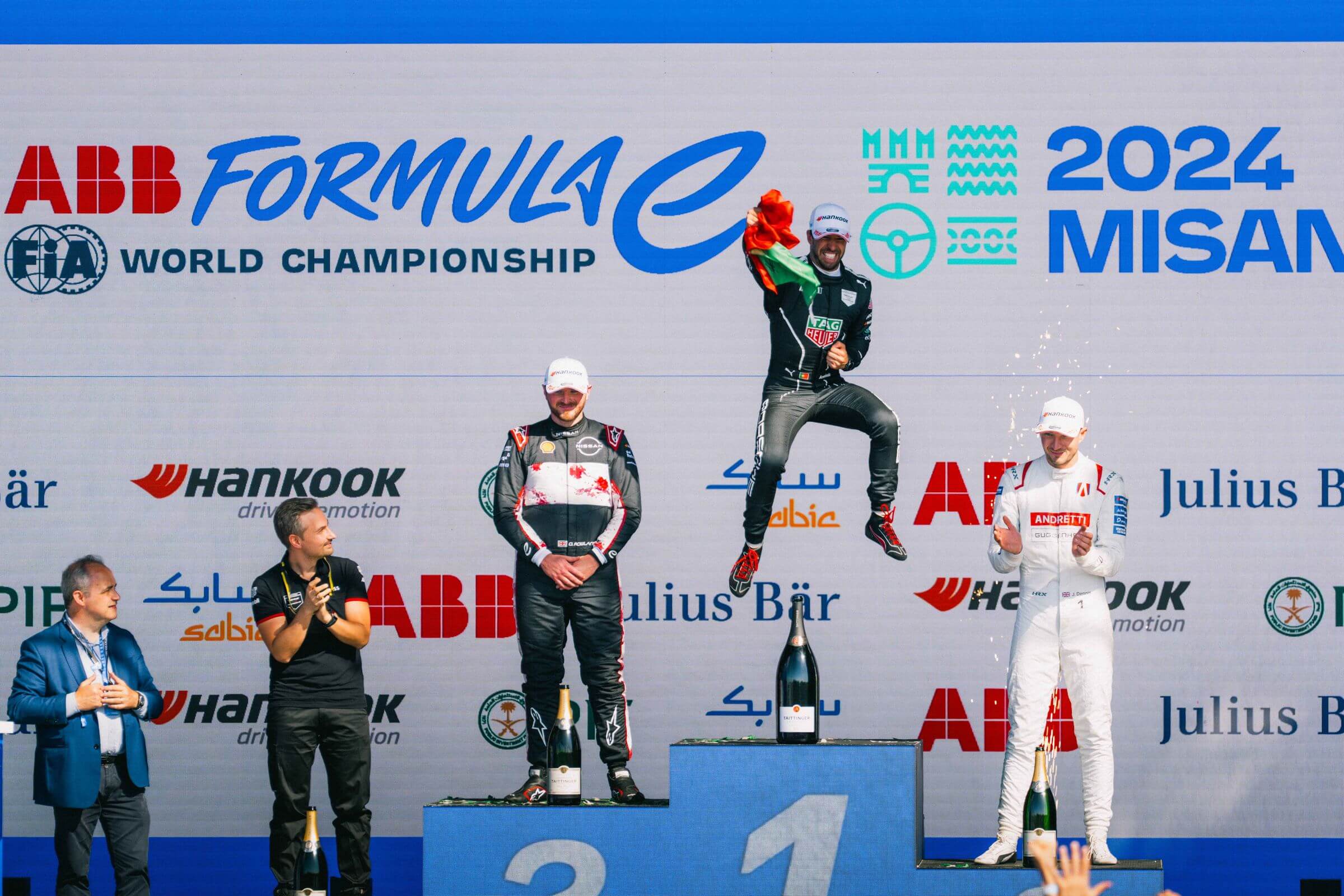 Antonio-Felix-da-Costa-TAG-Heuer-Porsche-2024-Misano-E-Prix-podium-jumping