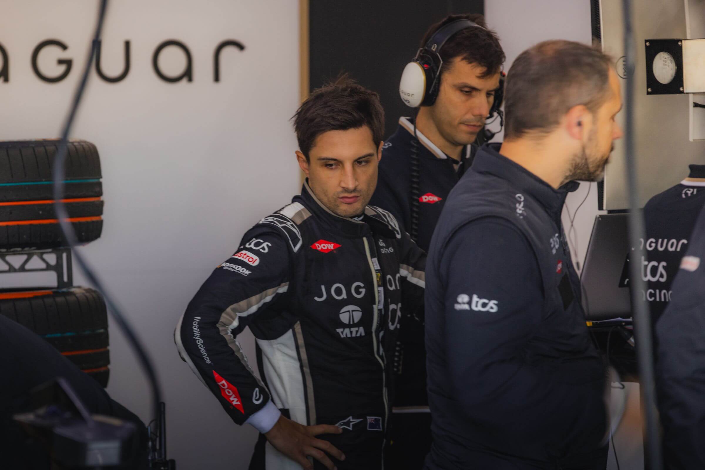 Mitch-Evans-Jaguar-TCS-Racing-2025-Valencia-Test-garage-unhappy